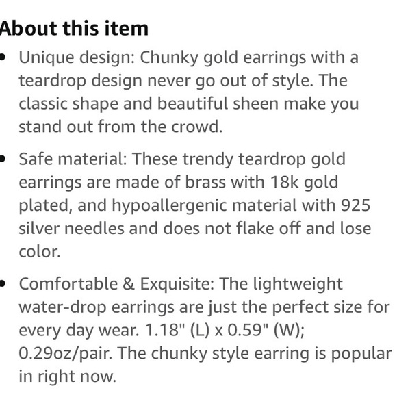 Chunky 18K Gold Plated Earrings Hypoallergenic Lightweight Water Drop - Picture 6 of 6